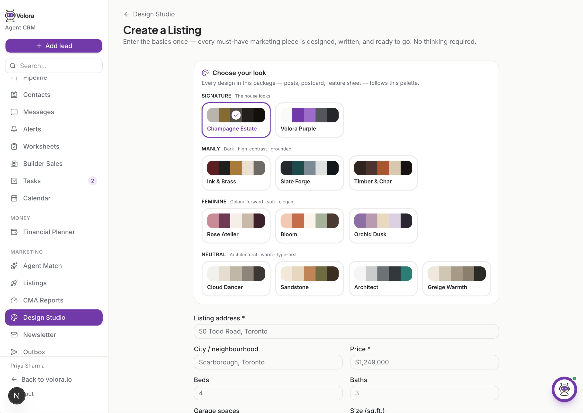 Volora Design Studio, Create a Listing with palette picker