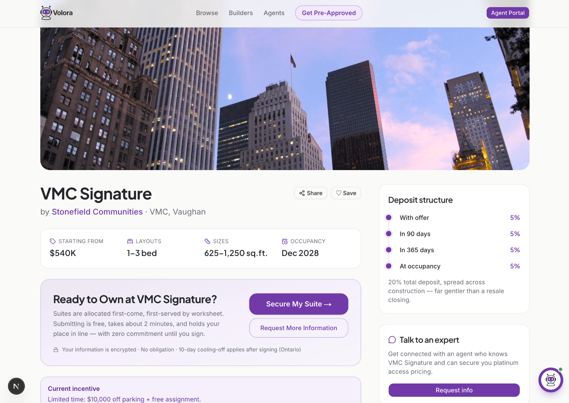 Volora builder project page, VMC Signature by Stonefield Communities